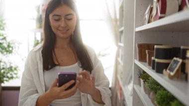 Genç bir kadın mağazada dekor eşyalarına göz gezdirirken aynı zamanda akıllı telefonu ilham ve alışveriş fikirleri için kullanıyor.