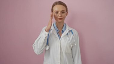 Steteskoplu ve pembe arka planda gözlüklü beyaz önlüklü kadın doktor, güvenle gülümsüyor, sağlık hizmetlerinde profesyonelliği ve arkadaşlığı iletiyor..