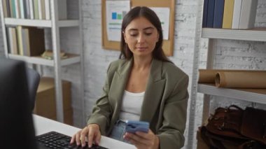 Bilgisayarda çalışan genç bir kadın modern ofis ortamında telefonunu kontrol ederken arka planda raflar ve kitaplar var.