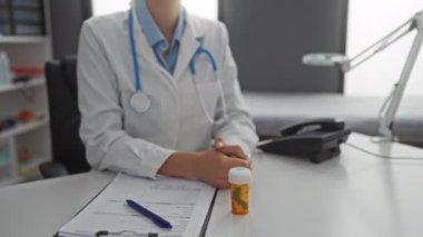 Klinikteki iş yerinde laboratuvar önlüğü ve steteskop giymiş, arka planda tıbbi ekipmanlarla gülümseyen kadın doktor profesyonel bir sağlık hizmeti sunuyor..