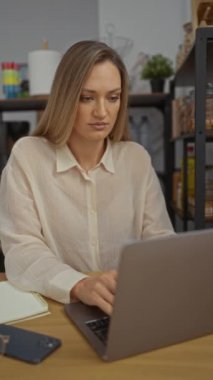 Ofiste dizüstü bilgisayarda çalışan, düşünceli bir ifadeyle çalışan, defter ve telefon gibi masa başlarıyla çevrili, profesyonel odaklanma ve konsantrasyonu ima eden bir kadın..