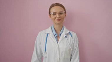 Pembe arka planda steteskopla sallanan doktor beyaz önlüklü, dost canlısı kadın sağlık hizmetleri uzmanı.