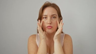 Yüzü beyaz arka planda poz veren kadın derin bir ifade ve doğal güzellik sergiliyor..