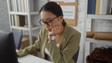 Ofisteki bir bilgisayarda çalışırken esneyen yeşil ceketli bir kadın. Etrafı dosyalarla dolu raflarla çevrili. İşyeri yorgunluğunu taşıyor..