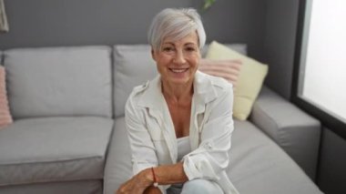Oturma odasındaki kanepede oturan kadın, kısa gri saçlı ve beyaz gömlekli, rahat bir ev dekorasyonu sergiliyor.