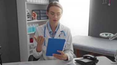 Tıp bürosunda tablet kullanarak sanal konsültasyon yapan doktor, klinik ortamlarda kadın profesyonel uzmanlık odaklı sağlık teknolojisi sergiliyor..