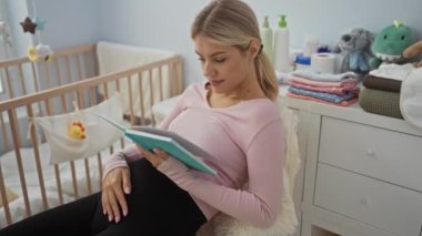 Sıcak bir yatak odasında kitap okuyan hamile bir kadın. Bebek malzemeleriyle çevrili bir beşikte oturuyor. Huzurlu ve besleyici bir atmosfer yayıyor..