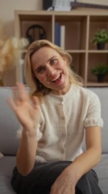 Sıcak oturma odasındaki kanepede gülümseyen bir kadın etrafı dekorla çevrili, sıcak ve davetkar bir iç mekan sergiliyor..