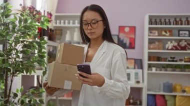 Kadın paketleri tutuyor ve modern bir ev dekoratörü dükkanında cep telefonu kullanıyor. İç dekorasyon ve bitkilerle dolu rafları var..