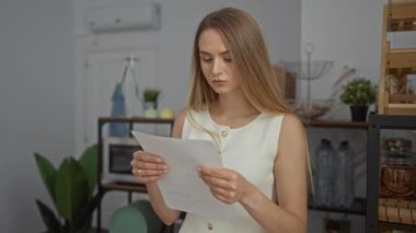 Parlak bir ofiste doküman okuyan kadın, dekorasyon, iç mekan, ciddi ifade, iş kıyafeti, görünür bitkiler, iç mekan, odaklanmış modern ortam ile çevrili..