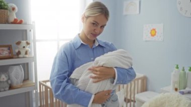Bebek odasında oyuncak ve renkli dekorla kucağında bir kadın, pencereden içeri süzülen güneş ışığı, evde besleyici bir anne sahnesi sergiliyor..