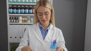 Klinik önlüklü steteskoplu kadın doktor hastane odasında güvenle duran tıbbi malzemeleri inceliyor..