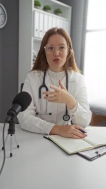 Klinikteki kadın doktor teşhis hakkında konuşuyor. Kapalı alanda mikrofon kullanıyor. Not defteri ve stetoskop kullanıyor.