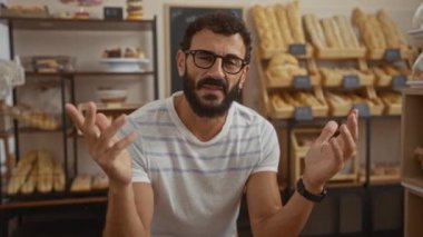 Sakallı genç adam, taze ekmek ve hamur işleriyle dolu sıcak bir fırında enerjik bir şekilde konuşuyor. Kapalı mekanda canlı ve misafirperver bir ortam yaratıyor..