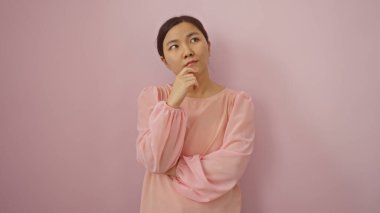 Pembe bluz giyen düşünceli genç bir kadın pembe arka plana karşı poz veriyor..