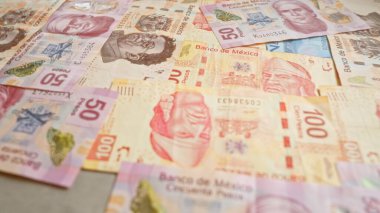 Meksika banknotları düz bir yüzey üzerinde sergileniyor çeşitli banknotlar ve tasarımlar Banco de Mexico 'dan.