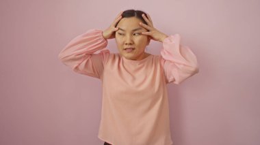 Düşünceli bir ifadeye sahip Çinli kadın pembe bir duvara karşı duruyor, yumuşak pembe bir bluz giyiyor, tecritteki düşünce ve güzellik sahnesini canlandırıyor..