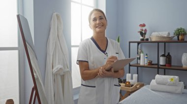 Sağlıklı nesnelerle çevrili, huzurlu bir spa odasında gülümseyen bir kadın; doğal ışık ve sakin iç mekan güzelliği içinde, beyaz üniformalı olgun bir profesyonel..