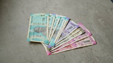 Beton bir yüzeye serili bir fan şeklinde dizilmiş Hint rupileri çeşitli değerleri canlı renklerde gösteriyor..