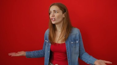 Kırmızı bir duvara karşı kafa karışıklığını dışa vuran, sıradan kot ve kırmızı kıyafetler giyen, duyguları ve yaşam tarzını modern bir bağlamda temsil eden bir kadın..