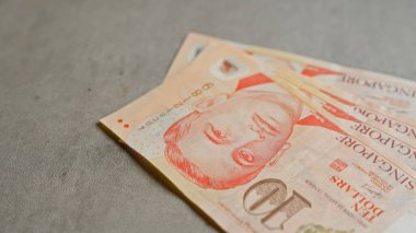 Singapur banknotları beton bir zemine saçılmış, finansal temaları vurgulayan 10 dolarlık banknotlar sergileniyor..
