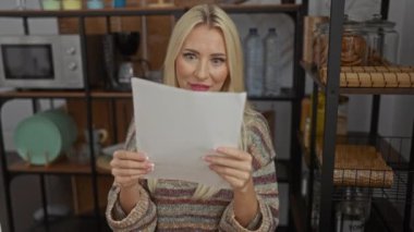 Mutfak dekorunda heyecanla doküman okuyan kadın, mutluluk ve başarıyı yansıtan neşeli ruh hali..