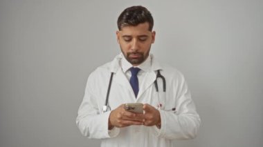 Yakışıklı doktor beyaz arka planda akıllı telefon kullanıyor. Sağlık hizmetlerinde profesyonellik ve bağlantı gösteriyor..