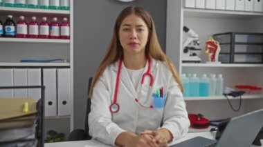 Doktor üniformalı genç beyaz kadının, kliniğin iç kısımlarında el çabukluğu ve başarı belirtileri gösteren jestini onaylıyorum.