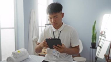 Bir kaplıcada genç bir adam, bir sağlık merkezinde tablet kullanırken bir ürünü incelerken, kapalı alanda huzurlu bir ortamın altını çiziyor.