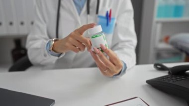 Kadın doktor klinik ofis ortamında ilaç şişesini tutuyor ve açıklıyor, sağlık hizmetleri danışmanlığını ve kapalı alanda profesyonel rehberliği vurguluyor.