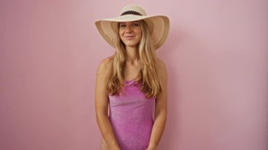 Pembe mayo giymiş bir kadın pembe arka planda öpüşürken neşeli bir yaz havası yaratıyor..