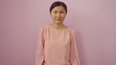 Baş ağrısı, genç Çinli kadın pembe arka planda yalnız duruyor, stresten ve baş ağrısından muzdarip, umutsuz el hareketi ve ağrılı yüz ifadesi