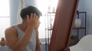 Genç adam, kaplıca salonundaki aynada saçlarını kontrol ediyor. İçinde raflar, bitkiler ve yumuşak ışıklandırma bulunan modern bir iç mekan var.