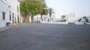 Bulanık Lanzarote caddesi manzarası. Dışardaki beyaz binalar ve ağaçlar kanarya adalarına kurulmuş.