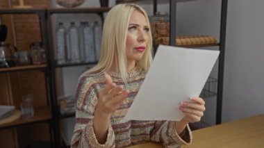 Kadın oturma odasında arka planda raflar ve vitrin içecekleriyle kitap okurken hayal kırıklığına uğradı