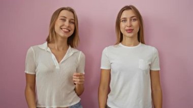 Sarışın kız kardeşler izole edilmiş pembe bir arka planda neşeyle gülümsüyor, aile sevgisini ve moda ile olan bağlantılarını pozitif bir atmosferde sergiliyorlar..