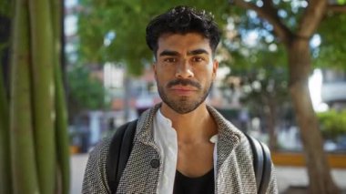 Sakallı yakışıklı adam şehir parkında sessizliğini koruyor, açık havada duruyor şık bir ceket giyiyor ve şehir havasını arttırıyor..