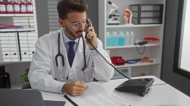Tıbbi ekipman ve dosyalarla çevrili bir hastane ofisinde telefonla konuşan bir doktor profesyonel bir ortam sergiliyor..