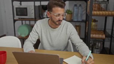 Ofis ortamında çalışan gözlüklü genç bir adam. Masasında dizüstü bilgisayarla stresli görünüyor..
