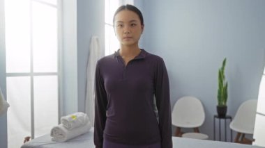 Genç Asyalı bir kadın, havlular ve bitkiler gibi sağlıklı elementlerle çevrili, çapraz kollu huzurlu bir kaplıcada rahatça duruyor, rahatlatıcı ve profesyonel bir ortam yakalıyor..