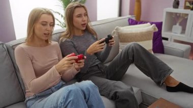 Kadınlar rahat bir oturma odasında kanepede video oyunu oynuyorlar, aile bağlarını gözler önüne seriyorlar ve evde kontrolörlerle vakit geçiriyorlar..