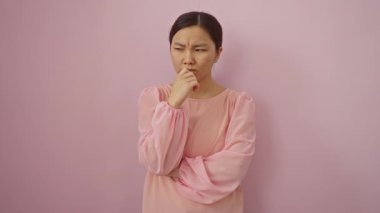 Düşünceli bir duruşta duran genç Çinli kadın, elleri çenesinde, soyutlanmış pembe arka planda kafa karıştırıcı bir fikir düşünüyor.