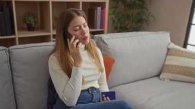 Telefondaki kadın, elinde kredi kartıyla oturma odasındaki rahat koltukta oturmuş, bitkiler ve kitaplarla konuşuyor..