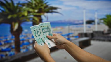 Deniz kenarındaki kumsalda elinde Çin parası tutan bir adam. Palmiye ağaçları ve okyanusun bulanık arka planına karşı para odaklı..