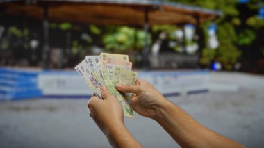 Adam açık bir şehir ortamında Romanyalı Ley 'i tutuyor, bulanık bir şehrin arka planına karşı parklarda paralarını gösteriyor..