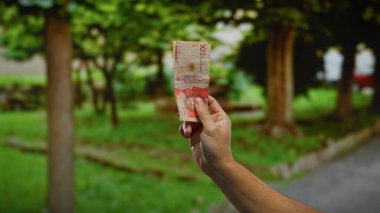 Parkta Kolombiya pezosu tutan adam canlı, açık hava, kentsel geçmiş, ekonomi, finans, para ve Kolombiya 'daki iş dünyasına karşı para gösteriyor..