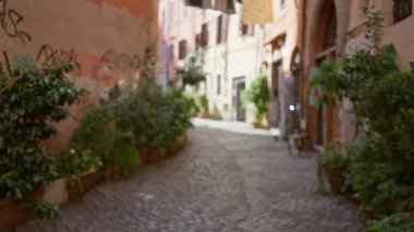 Roma 'daki büyüleyici eski bir kasaba caddesinin bulanık görüntüsü, kırsal binalar, kaldırım taşları ve yemyeşil verimli yeşil alanlar sakin ve zamansız bir ortam yaratıyor..