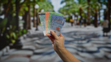 Hand holding malaysian ringgits outdoors in alicante with a blurred urban park setting, capturing the essence of international currency exchange in a vibrant city. clipart