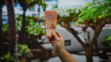 Malezya ringgit banknotlarını açık havada canlı bir şehir parkı ortamında tutan adam para değişimi ve şehir ortamında iş yapmayı sembolize ediyor..