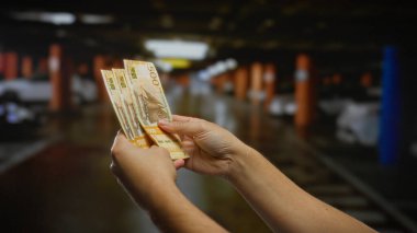 Norveç banknotlarını kapalı bir park alanında tutan adam, Norveç 'in Krone para birimine odaklı kentsel yatırım ve finans bağlamını ima ediyor.